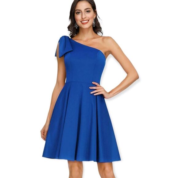 JASAMBAC Women's Bow One Shoulder Dress with Pockets A-line Cocktail Party Dress - Picture 3 of 7